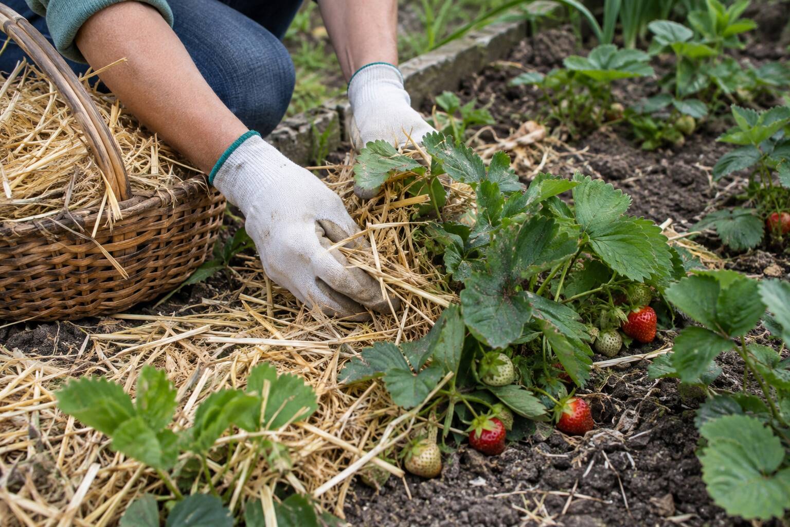 Des plants de fraises avec un paillage